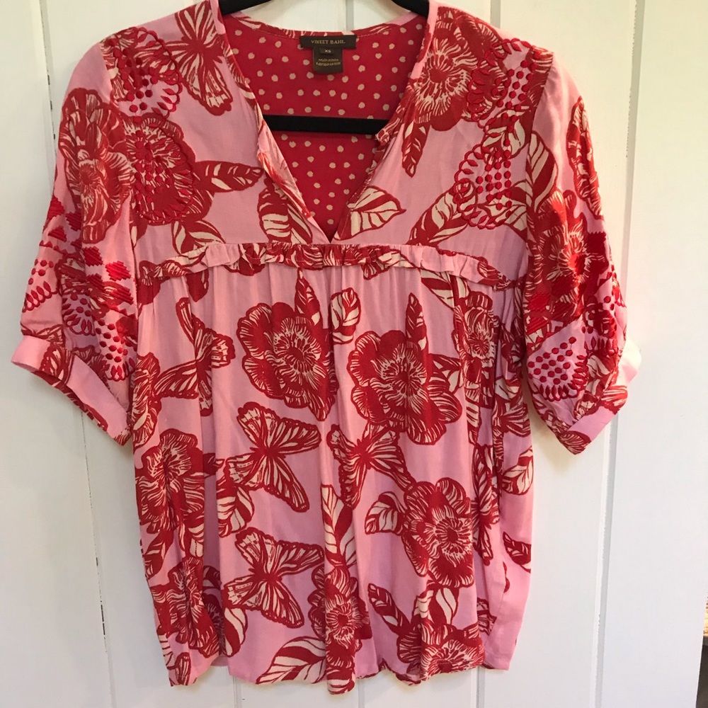 Anthropologie Vineet Bahl, embroidered, pink & red
